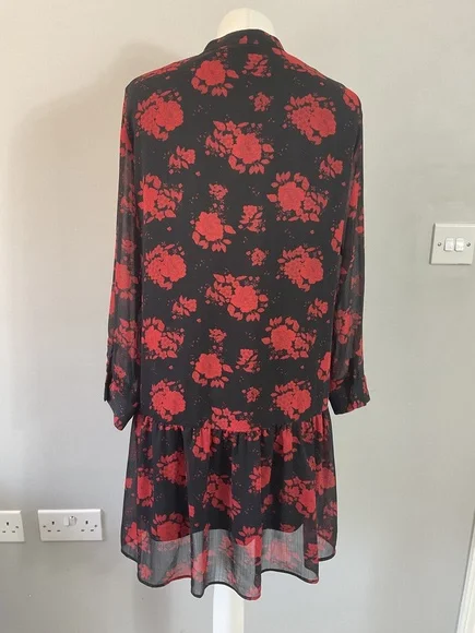 Zara black red floral print frill ruffle detail short dress M UK 10 12 - Picture 3 of 8